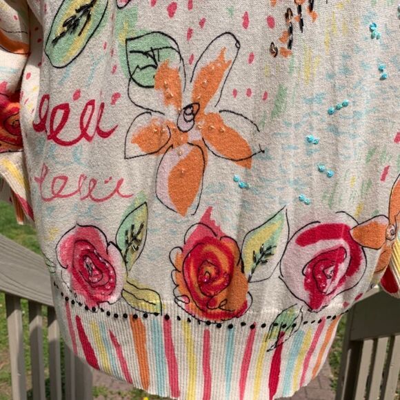 I. E. Woman Sz 1X Cream Button Up Sweater Whimsical Floral Postcard Design (C74) - Picture 11 of 15